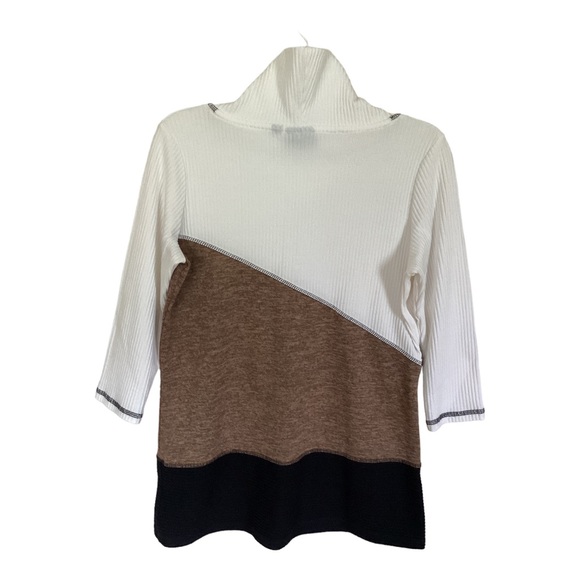 Onque Casual 3/4 Sleeve Tunic Turtleneck Sweater Ivory Brown Black Small EUC - Picture 5 of 8